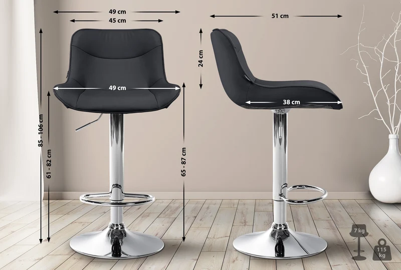 Lot de 2 tabourets de bar x1 avec coutures décoratives en PVC noir pied en trompette métal chromé 10_0004450