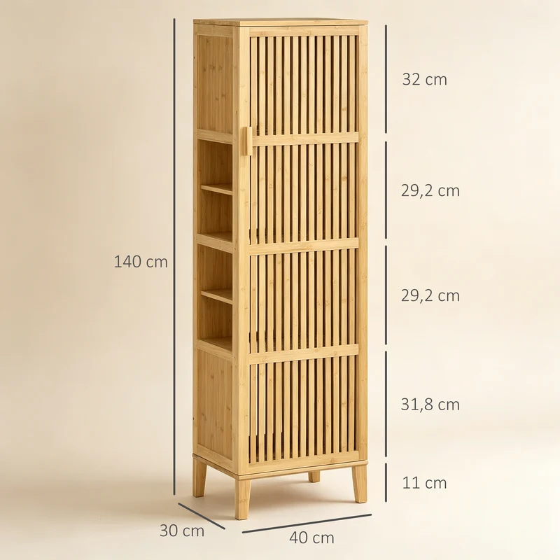 Armoire colonne salle de bain 40 x 30 x 140 cm 4 étagères sécurité anti-basculement moderne épuré en bambou naturel 21_0002895
