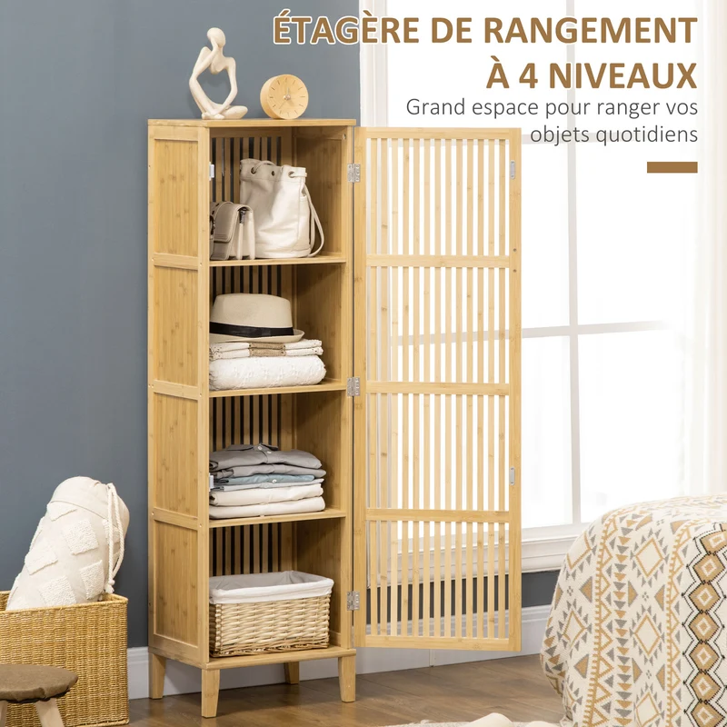 Armoire colonne salle de bain 40 x 30 x 140 cm 4 étagères sécurité anti-basculement moderne épuré en bambou naturel 21_0002895