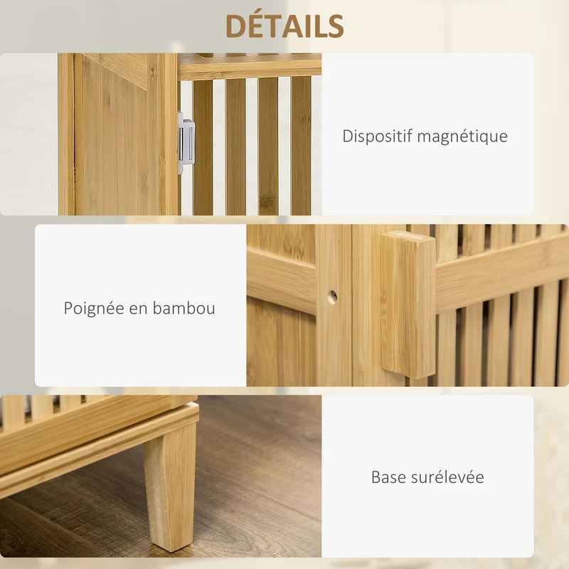 Armoire colonne salle de bain 40 x 30 x 140 cm 4 étagères sécurité anti-basculement moderne épuré en bambou naturel 21_0002895