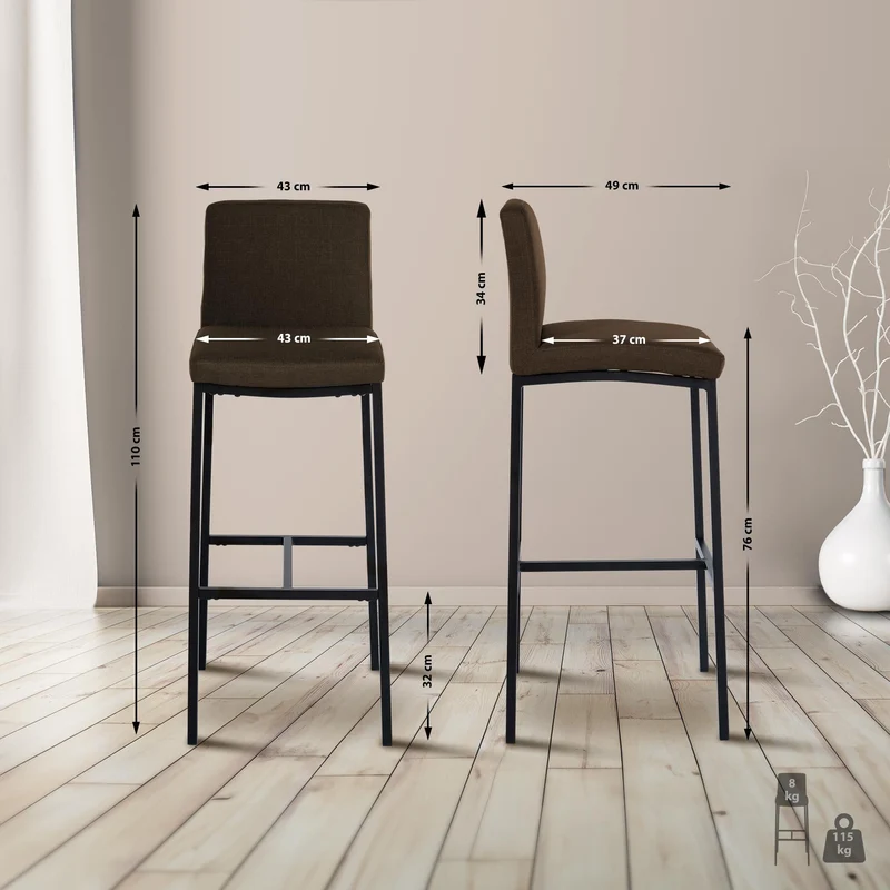Tabouret de bar x1 design épuré et contemporain en tissu marron cadre à quatre pieds en métal noir 10_0006254