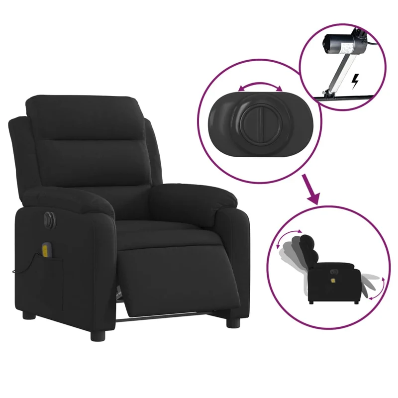 Fauteuil de relaxation TV fonction massage inclinable électrique 6 points de massage en tissu noir DEC027229