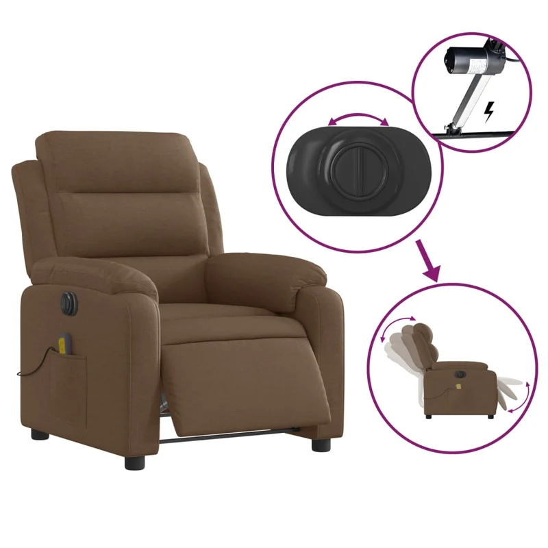 Fauteuil de relaxation fonction massage et inclinable fonction d'inclinaison électrique en tissu marron DEC027789