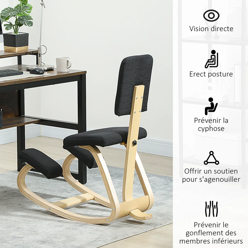 Chaise à genoux ergonomique bureau 51 x 84 x 93 cm améliore posture soulage lombaires scandinave en bois de bouleau noir 21_0006275