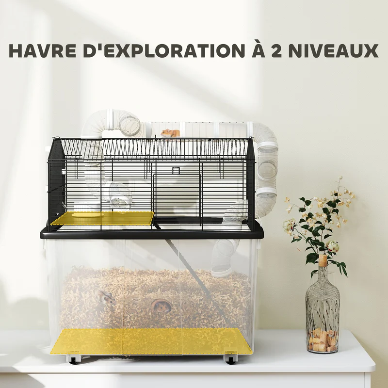 Cage pour hamster portable à deux niveaux 58 x 43 x 57 cm tubes ludiques plateau amovible moderne épuré en acier noir 21_0008003