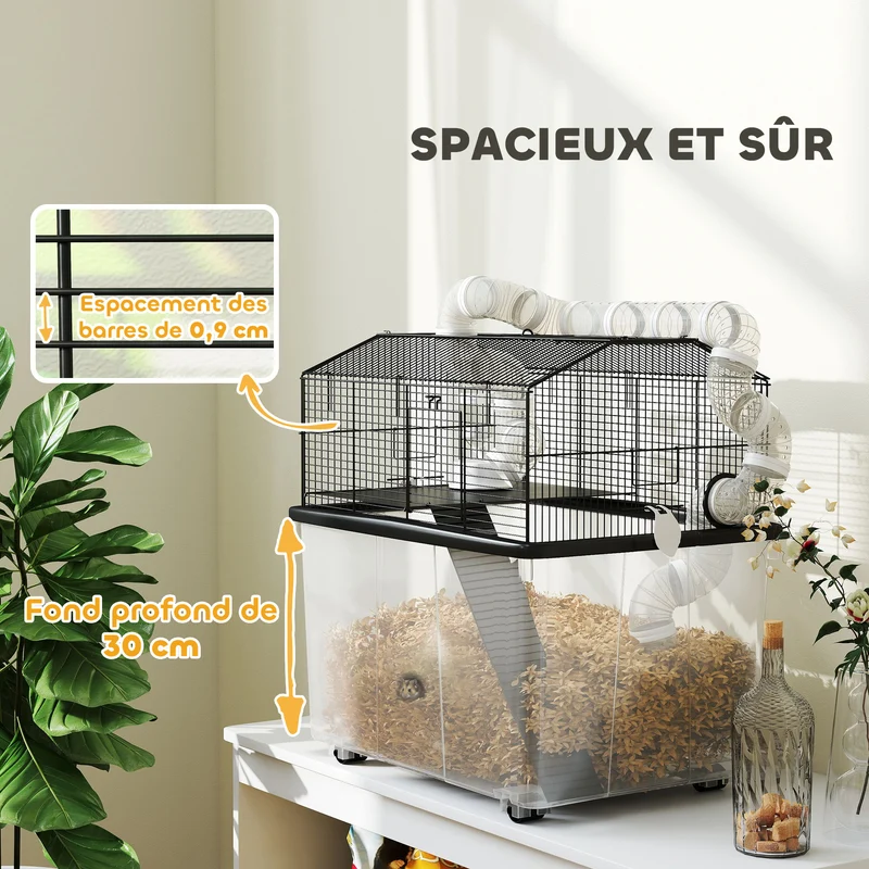 Cage pour hamster portable à deux niveaux 58 x 43 x 57 cm tubes ludiques plateau amovible moderne épuré en acier noir 21_0008003