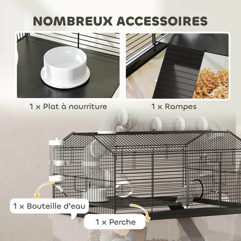 Cage pour hamster portable à deux niveaux 58 x 43 x 57 cm tubes ludiques plateau amovible moderne épuré en acier noir 21_0008003