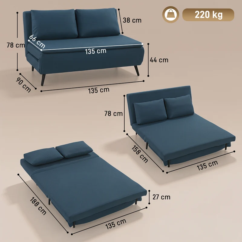 Canapé convertible 2 places canapé-lit 135 x 90 x 78 cm 3-en-1 dossier réglable moderne minimaliste en polyester bleu 21_0003676