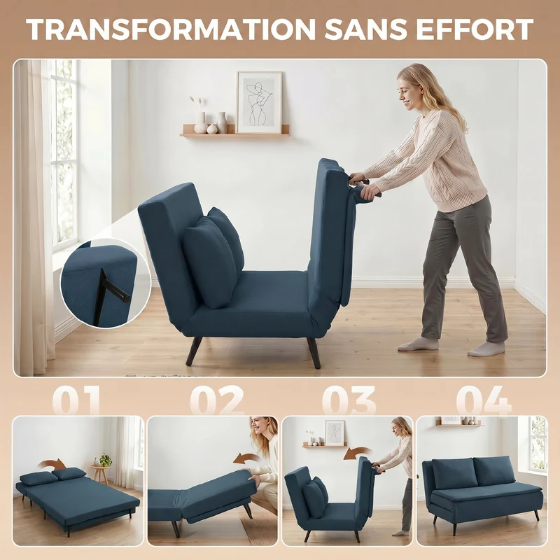 Canapé convertible 2 places canapé-lit 135 x 90 x 78 cm 3-en-1 dossier réglable moderne minimaliste en polyester bleu 21_0003676