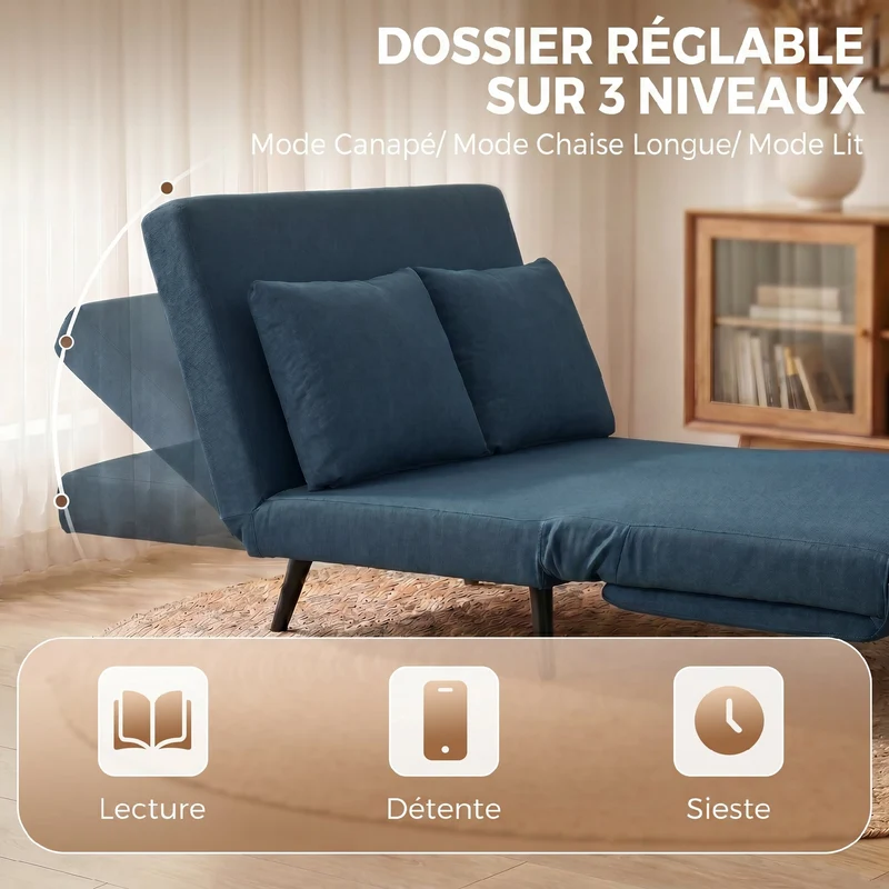 Canapé convertible 2 places canapé-lit 135 x 90 x 78 cm 3-en-1 dossier réglable moderne minimaliste en polyester bleu 21_0003676