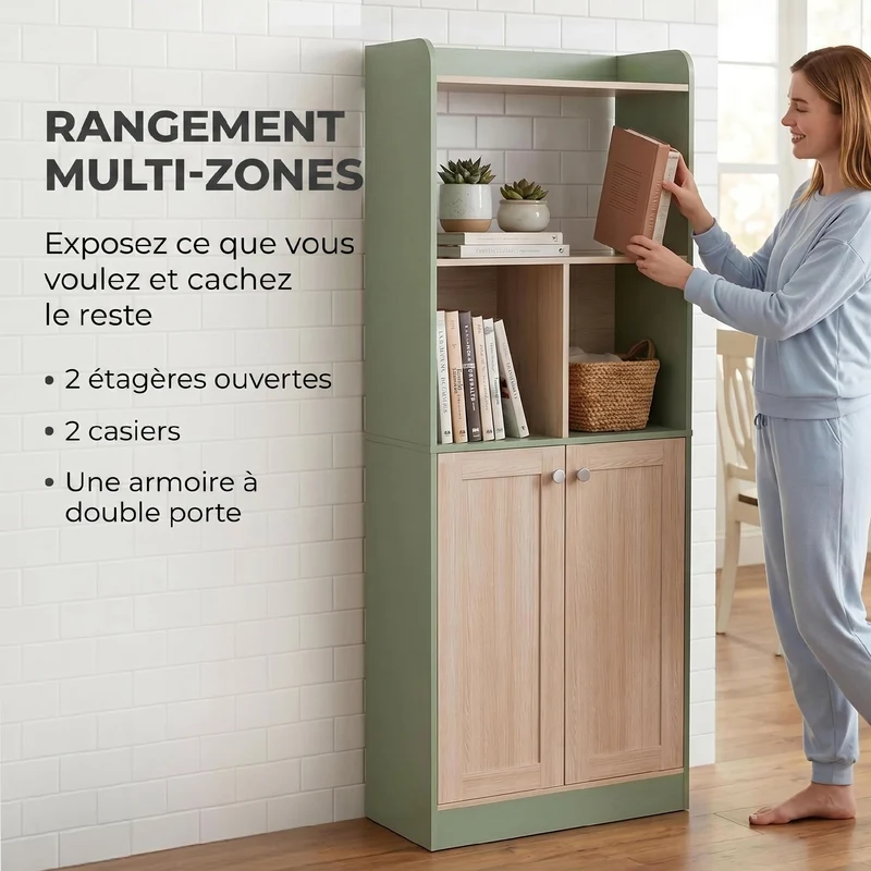 Bibliothèque 5 niveaux rangement 60 x 30 x 161,2 cm portes magnétiques anti-basculement moderne en MDF bois naturel 21_0002577