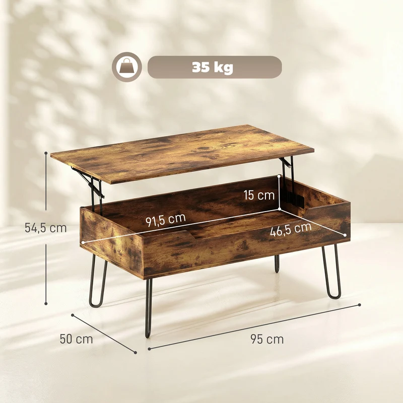 Table basse rectangulaire salon relevable 95 x 50 x 40 cm rangement caché hauteur réglable industriel épuré en MDF marron 21_0003663