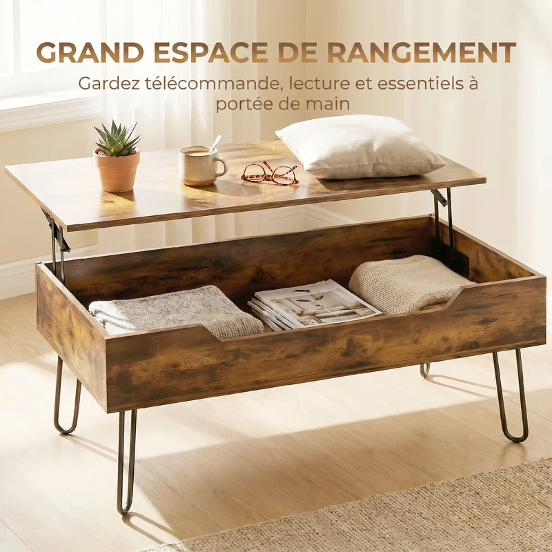 Table basse rectangulaire salon relevable 95 x 50 x 40 cm rangement caché hauteur réglable industriel épuré en MDF marron 21_0003663