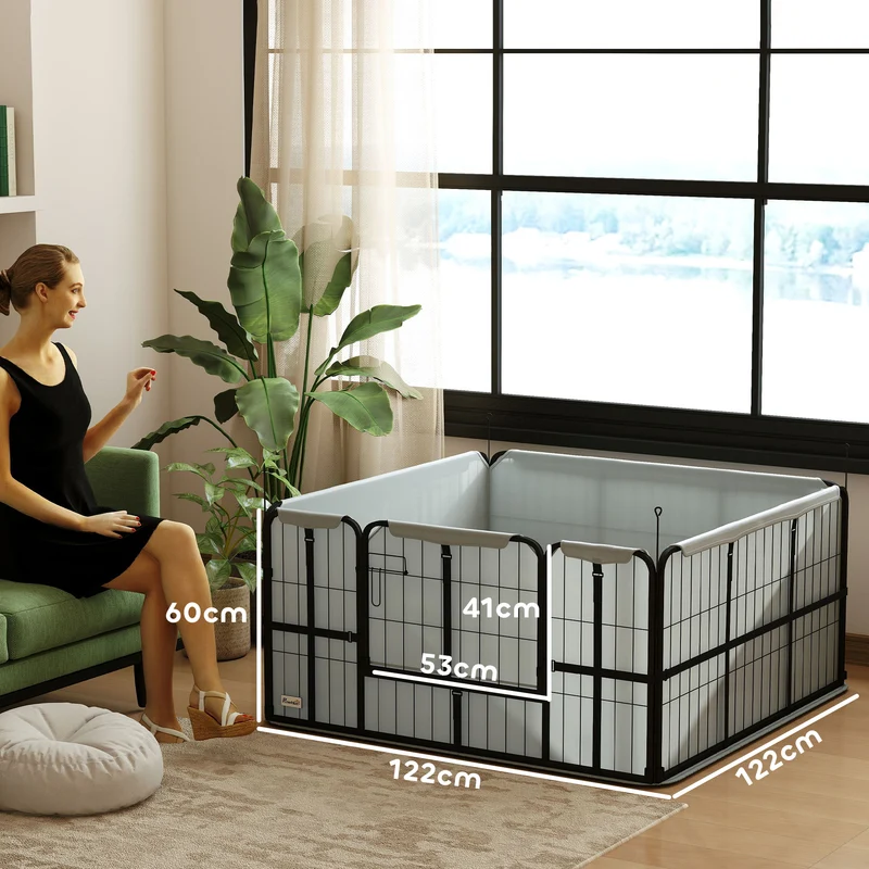 Parc de mise bas pour chien 122 x 122 x 60 cm tapis lavable et porte d'accès avec piquets moderne épuré en acier noir 21_0007474