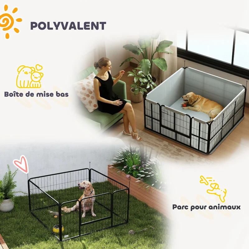 Parc de mise bas pour chien 122 x 122 x 60 cm tapis lavable et porte d'accès avec piquets moderne épuré en acier noir 21_0007474
