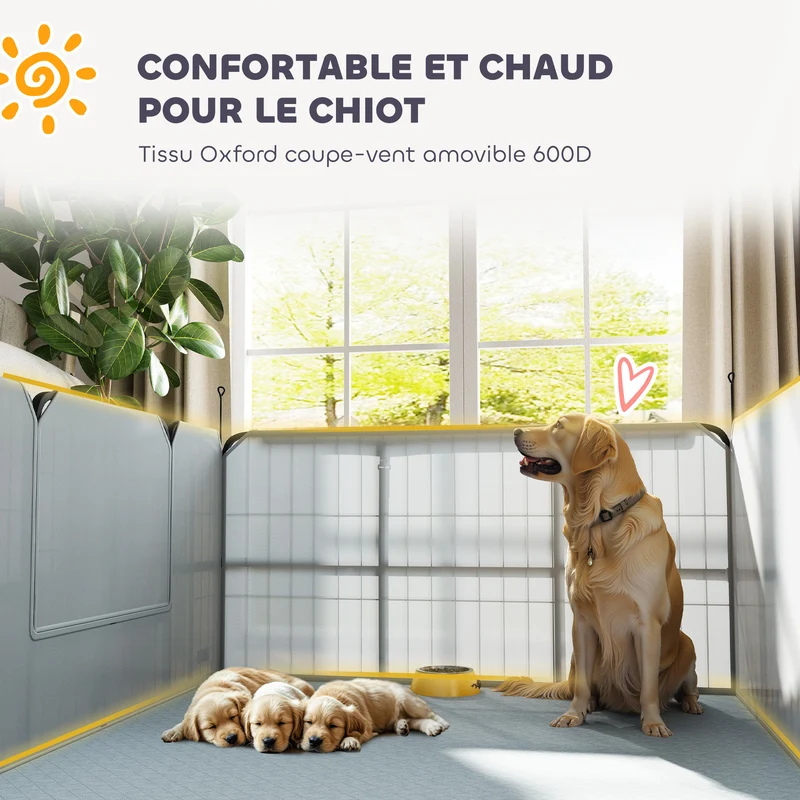 Parc de mise bas pour chien 122 x 122 x 60 cm tapis lavable et porte d'accès avec piquets moderne épuré en acier noir 21_0007474
