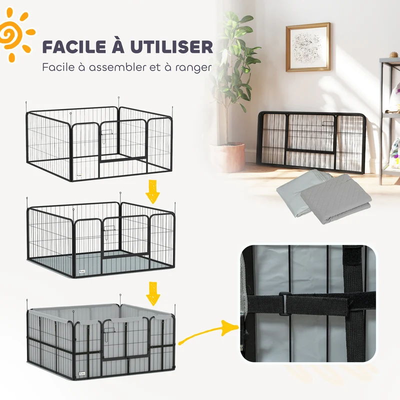 Parc de mise bas pour chien 122 x 122 x 60 cm tapis lavable et porte d'accès avec piquets moderne épuré en acier noir 21_0007474