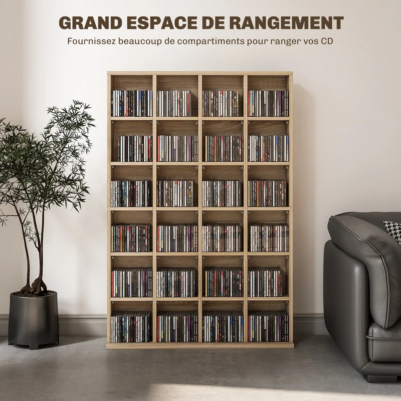 Meuble média salon 89 x 20 x 130.5 cm 456 cd 336 dvd étagères réglables moderne en panneaux de particules bois naturel 21_0001401