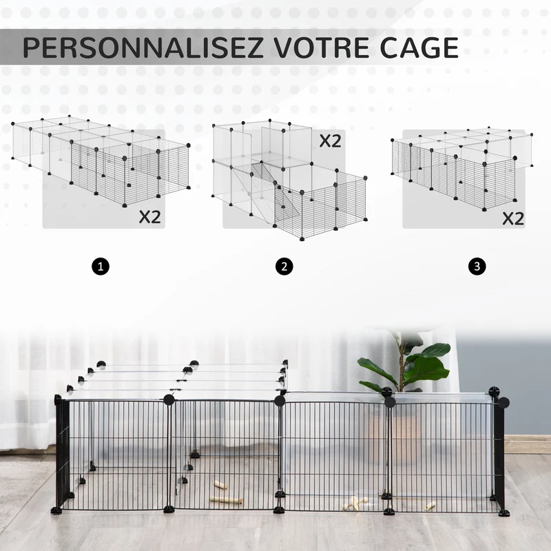 Enclos modulable pour petits animaux 140 x 70 x 70 cm assemblage facile et rampe intégrée style épuré moderne en PP noir 21_0008035