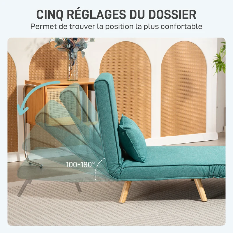 Fauteuil clic-clac 1 place lit 80 x 75 x 87 cm assise 21 cm dossier 5 positions compact style moderne en polyester vert 21_0003504