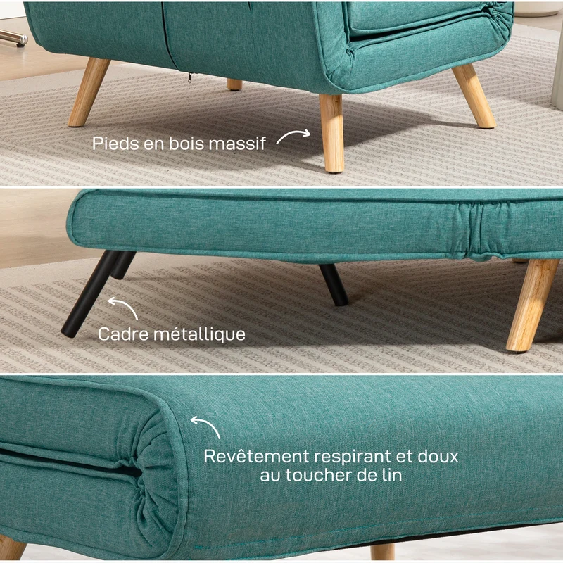 Fauteuil clic-clac 1 place lit 80 x 75 x 87 cm assise 21 cm dossier 5 positions compact style moderne en polyester vert 21_0003504