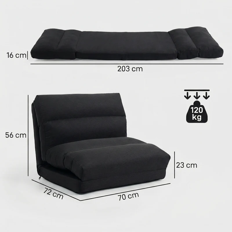 Fauteuil au sol convertible 70 x 72 x 56 cm dos réglable 90° à 180° assise épaisse contemporain épuré en polyester noir 21_0003176