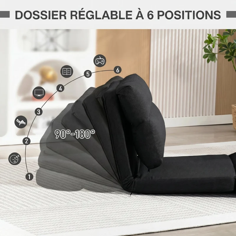 Fauteuil au sol convertible 70 x 72 x 56 cm dos réglable 90° à 180° assise épaisse contemporain épuré en polyester noir 21_0003176