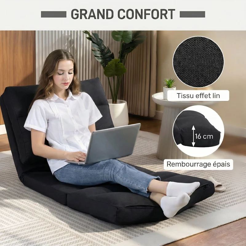 Fauteuil au sol convertible 70 x 72 x 56 cm dos réglable 90° à 180° assise épaisse contemporain épuré en polyester noir 21_0003176