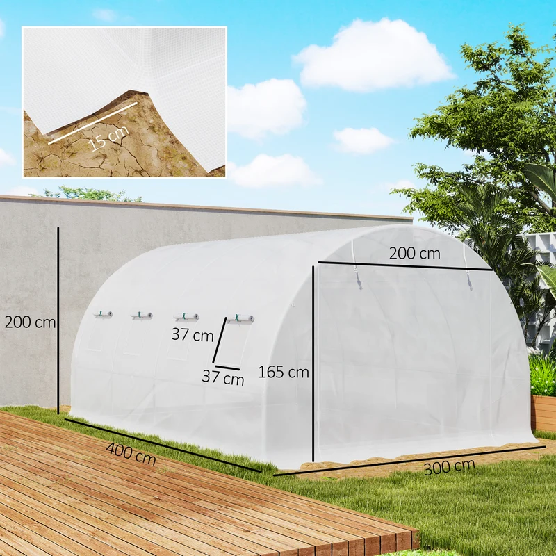Bâche de rechange serre tunnel 4 x 3 x 2 m imperméable anti-uv porte zippée 8 fenêtres moderne en polyéthylène blanc 21_0004163