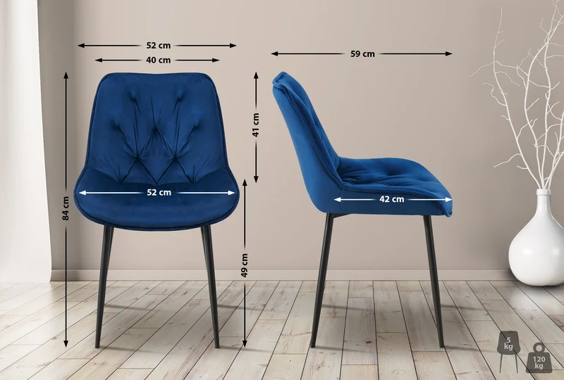 Lot de 2 chaises de salle à manger assise et dossier capitonné en velours bleu et métal noir 10_0007320