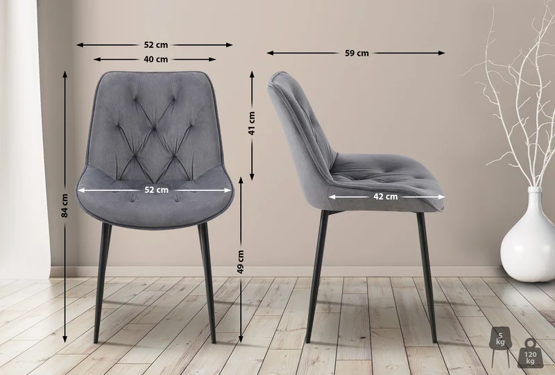 Chaise de salle à manger x1 assise et dossier capitonné en velours gris foncé et métal noir 10_0007235