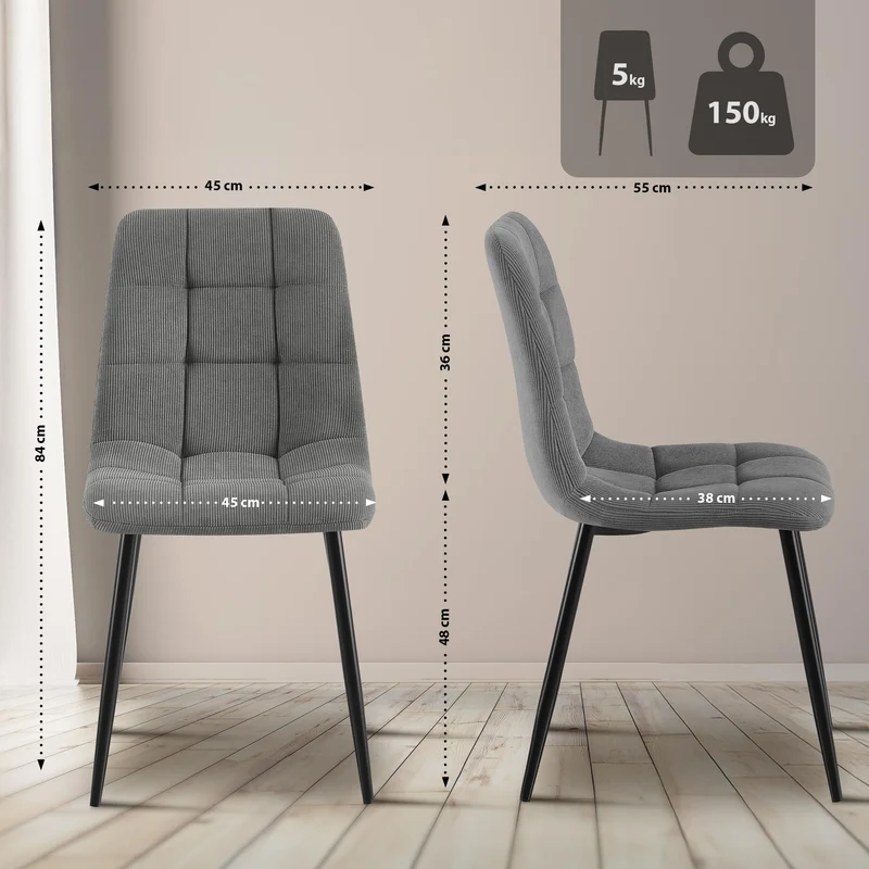 Chaise de salle à manger x1 coutures décoratives carrées en velours côtelé gris et métal noir 10_0007258