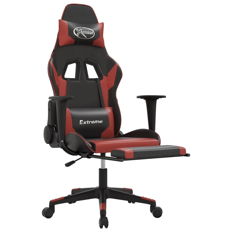 Fauteuil de bureau chaise gaming avec coussin lombaire fonction de massage repose-pieds en PVC rouge et noir DEC025937