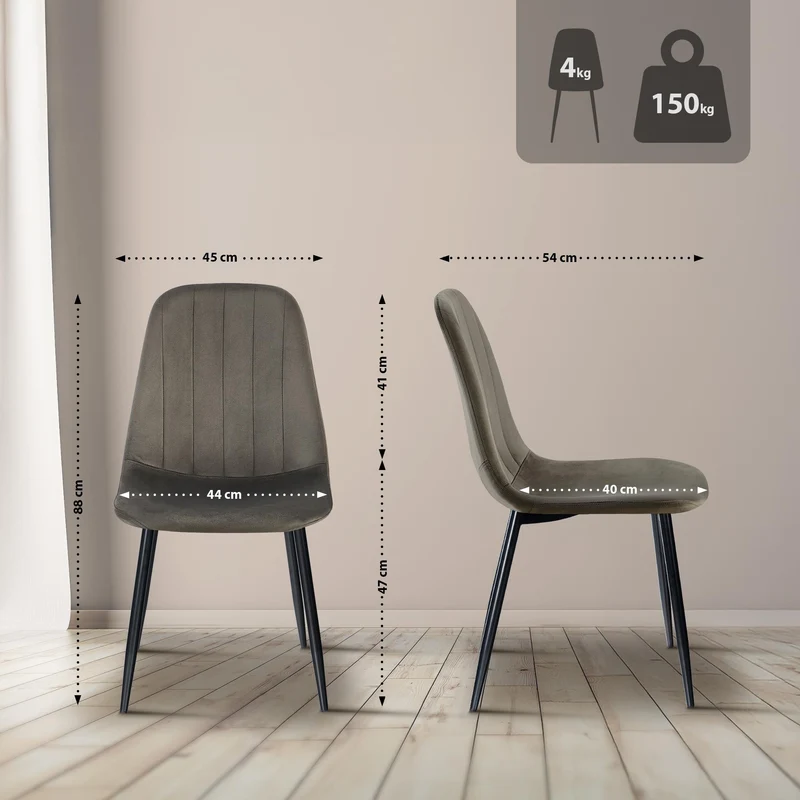 Set de 4 chaises de salle à manger coutures décoratives verticales assise en velours anthracite pieds en métal noir 10_0007816