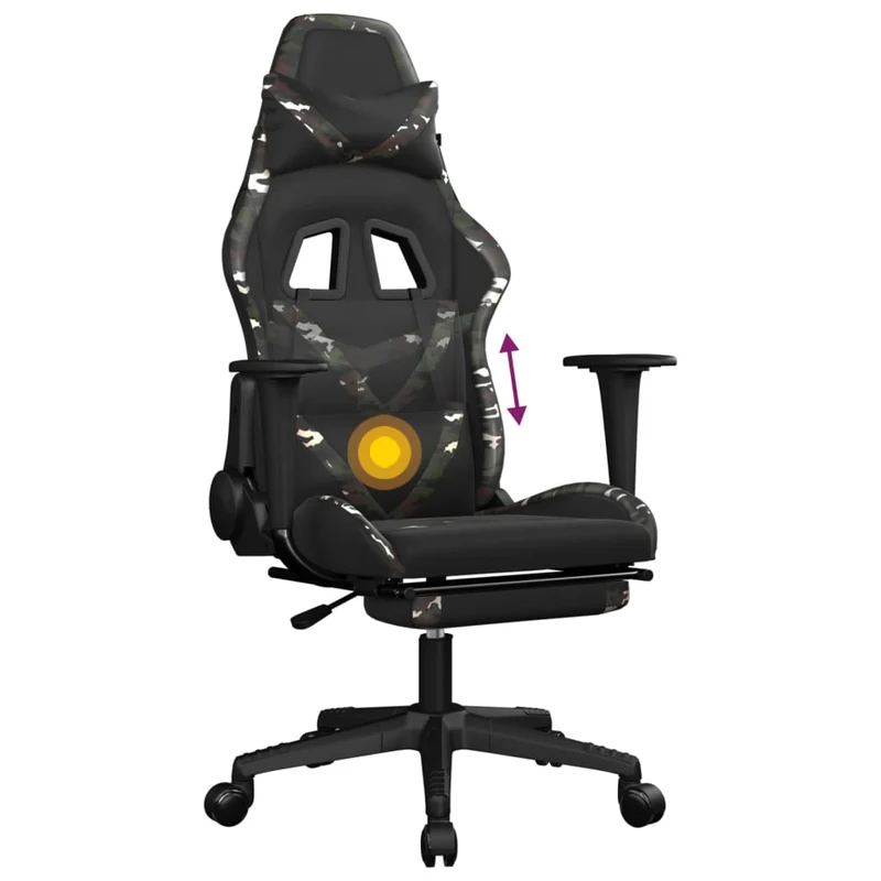 Fauteuil de bureau chaise gaming avec coussin lombaire repose-pied noir camouflage PVC multicolore DEC025945