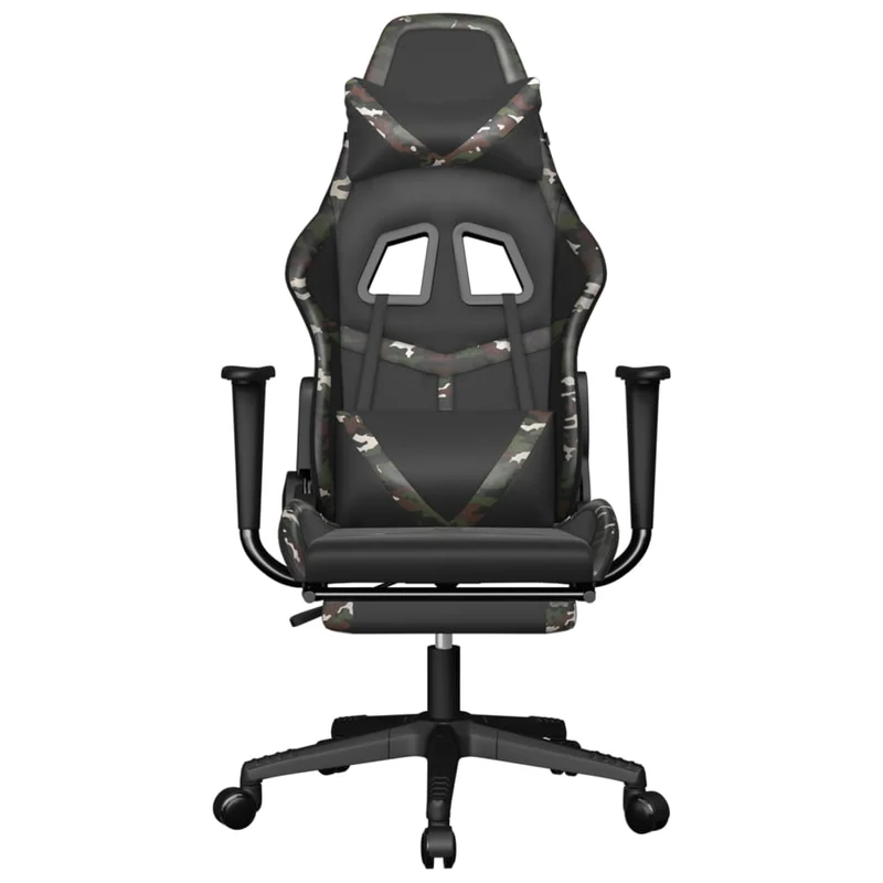 Fauteuil de bureau chaise gaming sur roulettes avec repose-pied noir et camouflage PVC vert DEC025762
