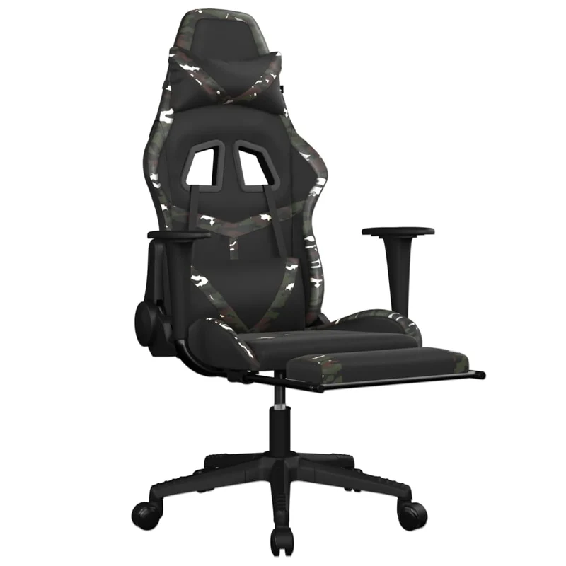 Fauteuil de bureau chaise gaming sur roulettes avec repose-pied noir et camouflage PVC vert DEC025762