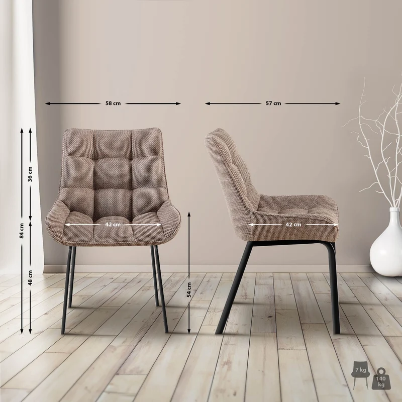 Lot de 2 chaises de salle à manger en tissu marron terre généreusement rembourrée piètement en métal noir 10_0007851