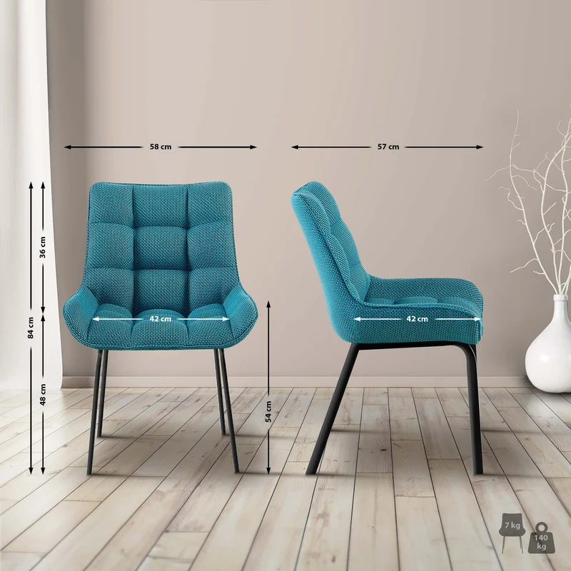 Chaise de salle à manger x1 en tissu turquoise généreusement rembourrée piètement en métal noir 10_0007744