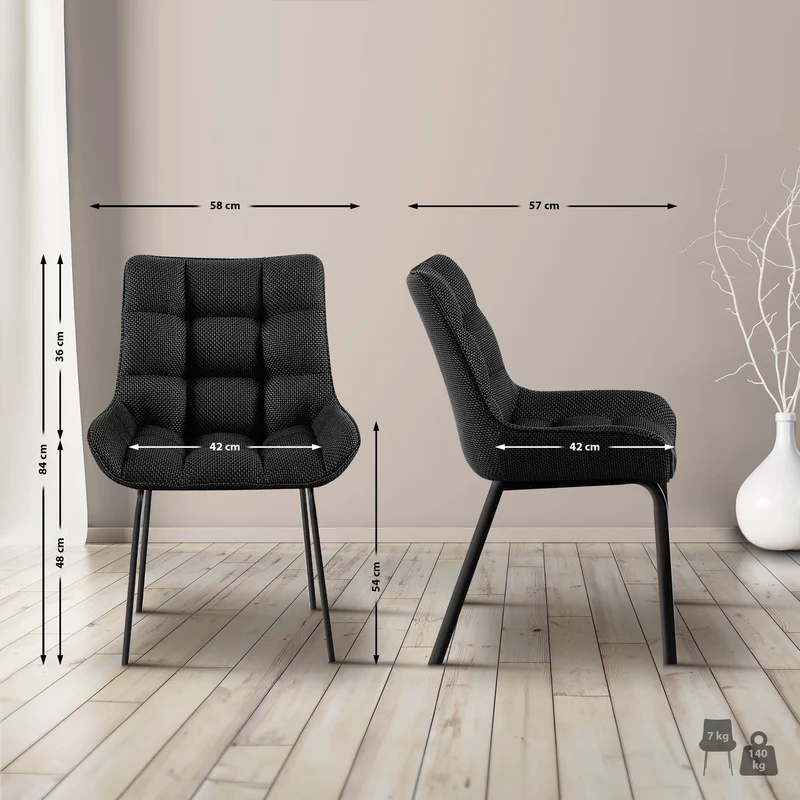 Lot de 2 chaises de salle à manger en tissu gris titane généreusement rembourrée piètement en métal noir 10_0007571