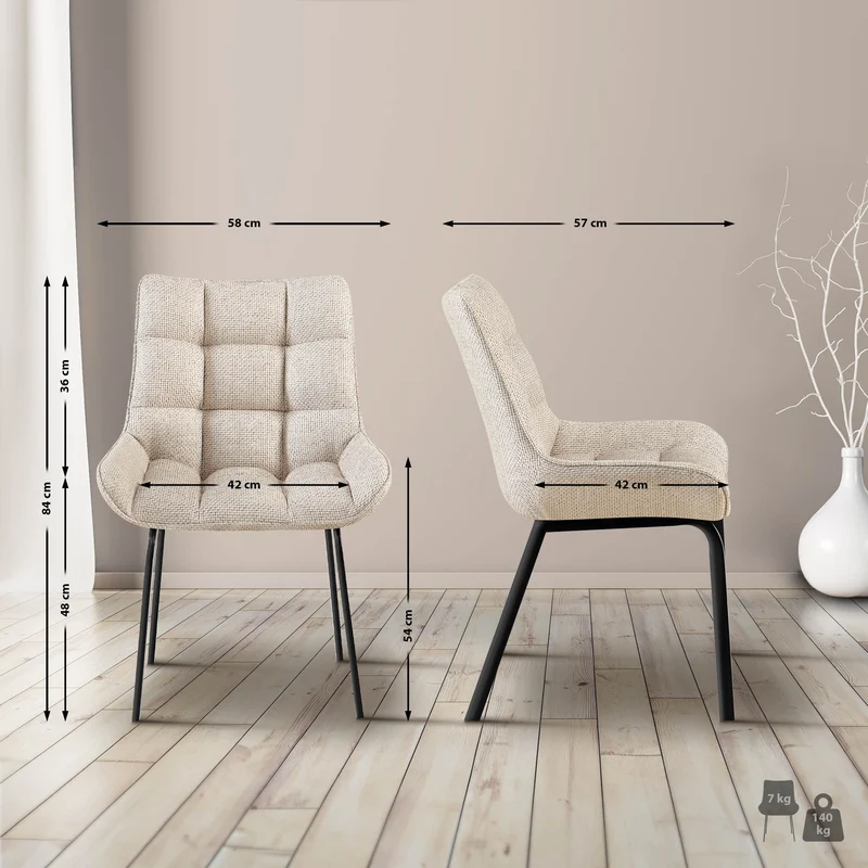 Chaise de salle à manger x1 en tissu crème généreusement rembourrée piètement en métal noir 10_0007464