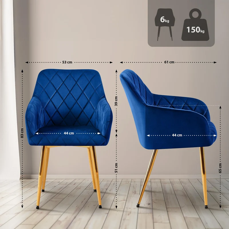 Lot de 2 chaises de salle à manger en velours bleu avec coutures décoratives en losange chic et contemporain 10_0007856