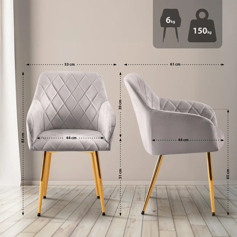 Chaise de salle à manger x1 en velours gris avec coutures décoratives en losange chic et contemporain 10_0007831