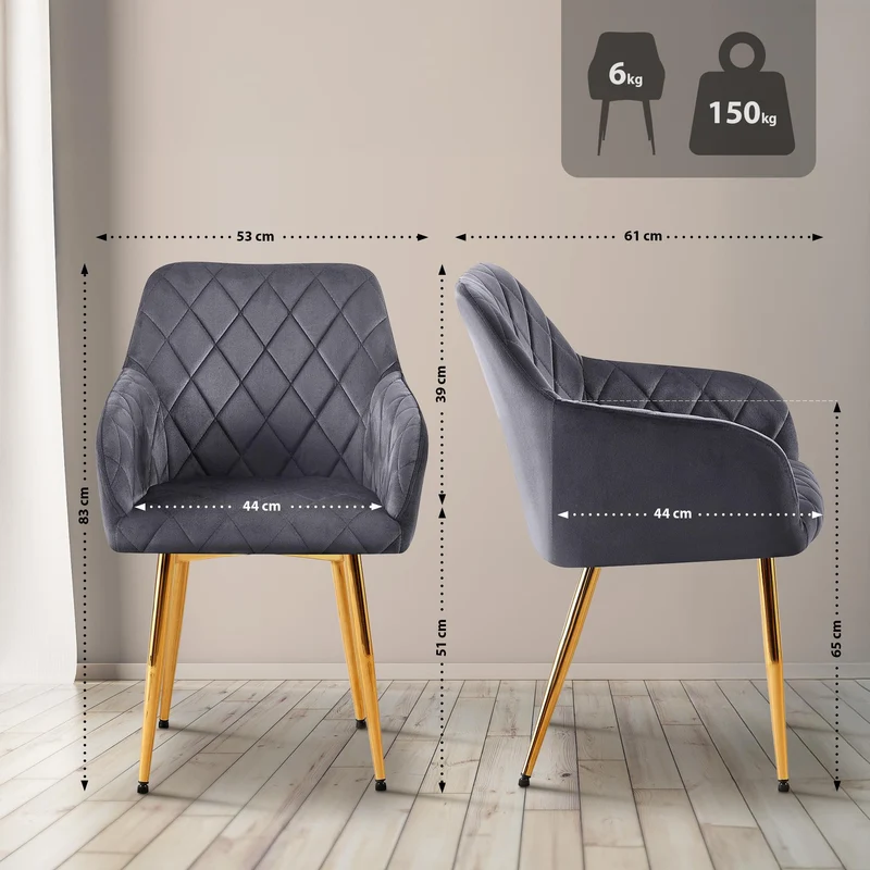 Chaise de salle à manger x1 en velours gris foncé avec coutures décoratives en losange chic et contemporain 10_0007830