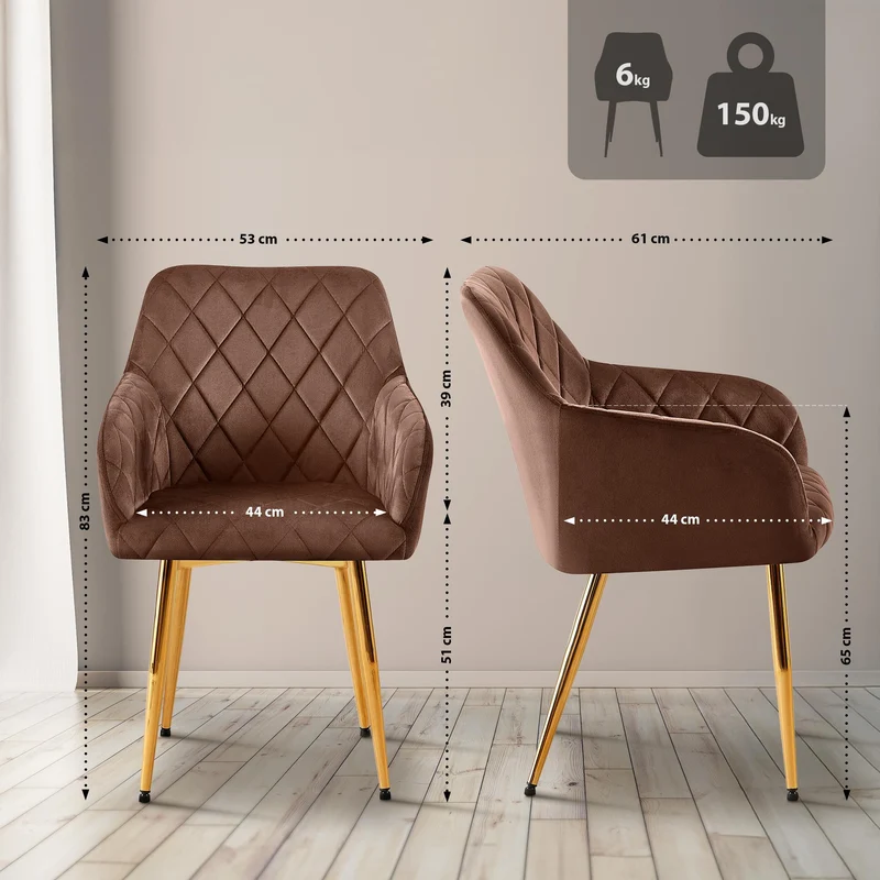 Chaise de salle à manger x1 en velours marron avec coutures décoratives en losange chic et contemporain 10_0007823