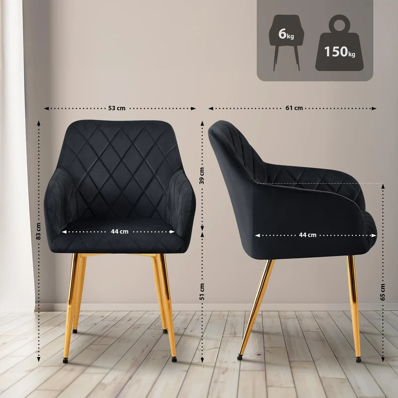 Chaise de salle à manger x1 en velours noir avec coutures décoratives en losange chic et contemporain 10_0007812