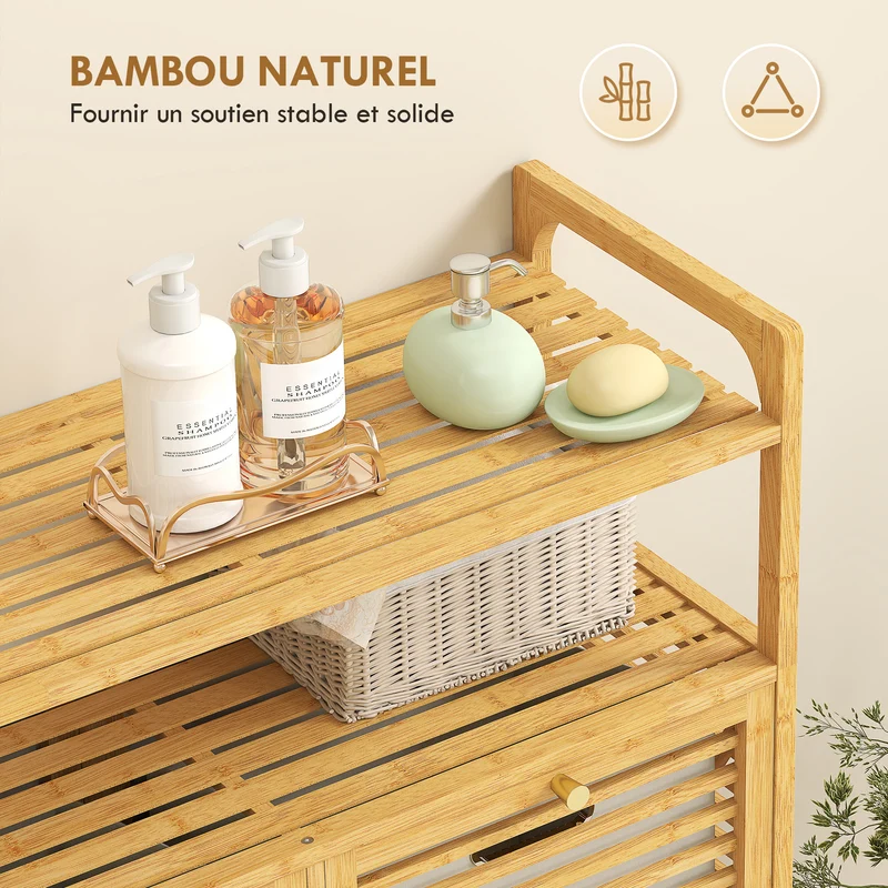Meuble de salle de bain armoire 82 x 33 x 88 cm 2 paniers 41 l 2 étagères rangement aéré épuré en bambou bois naturel 21_0002112
