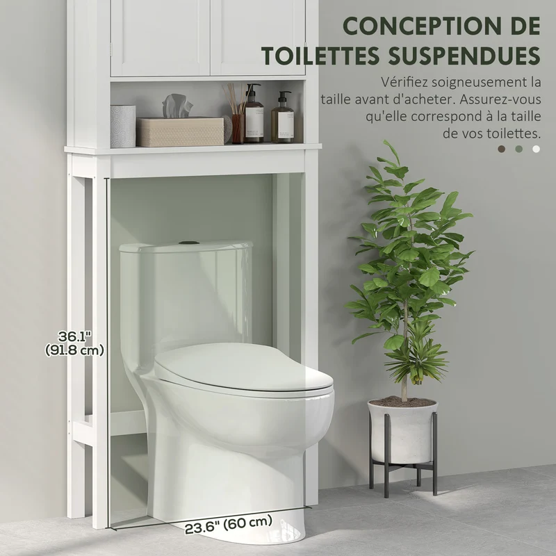 Meuble au-dessus de toilettes 70 x 20 x 175 cm gain de place étagère ajustable anti-basculement épuré en MDF blanc 21_0002035