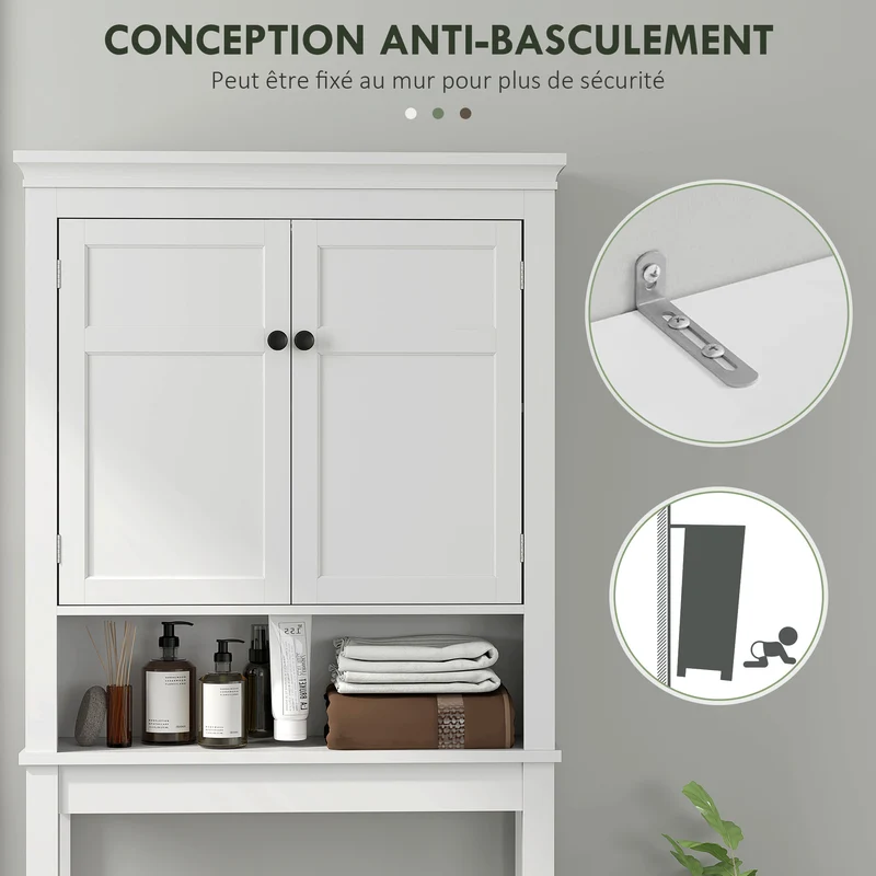 Meuble au-dessus de toilettes 70 x 20 x 175 cm gain de place étagère ajustable anti-basculement épuré en MDF blanc 21_0002035
