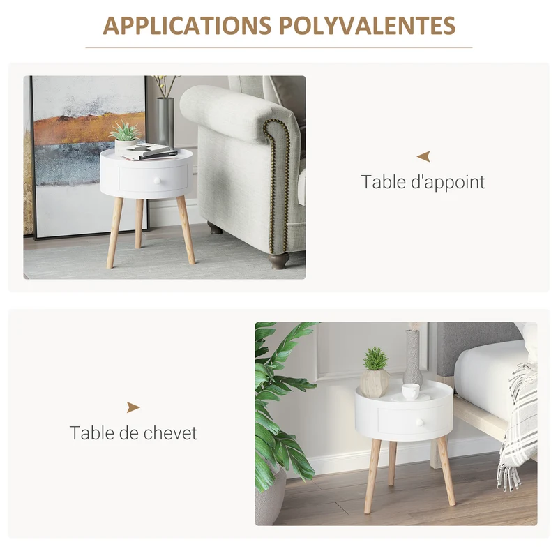 Lot de 2 tables de chevet rondes 38 x 38 x 45 cm tiroir pratique pieds effilés épuré scandinave chambre en MDF blanc 21_0001836